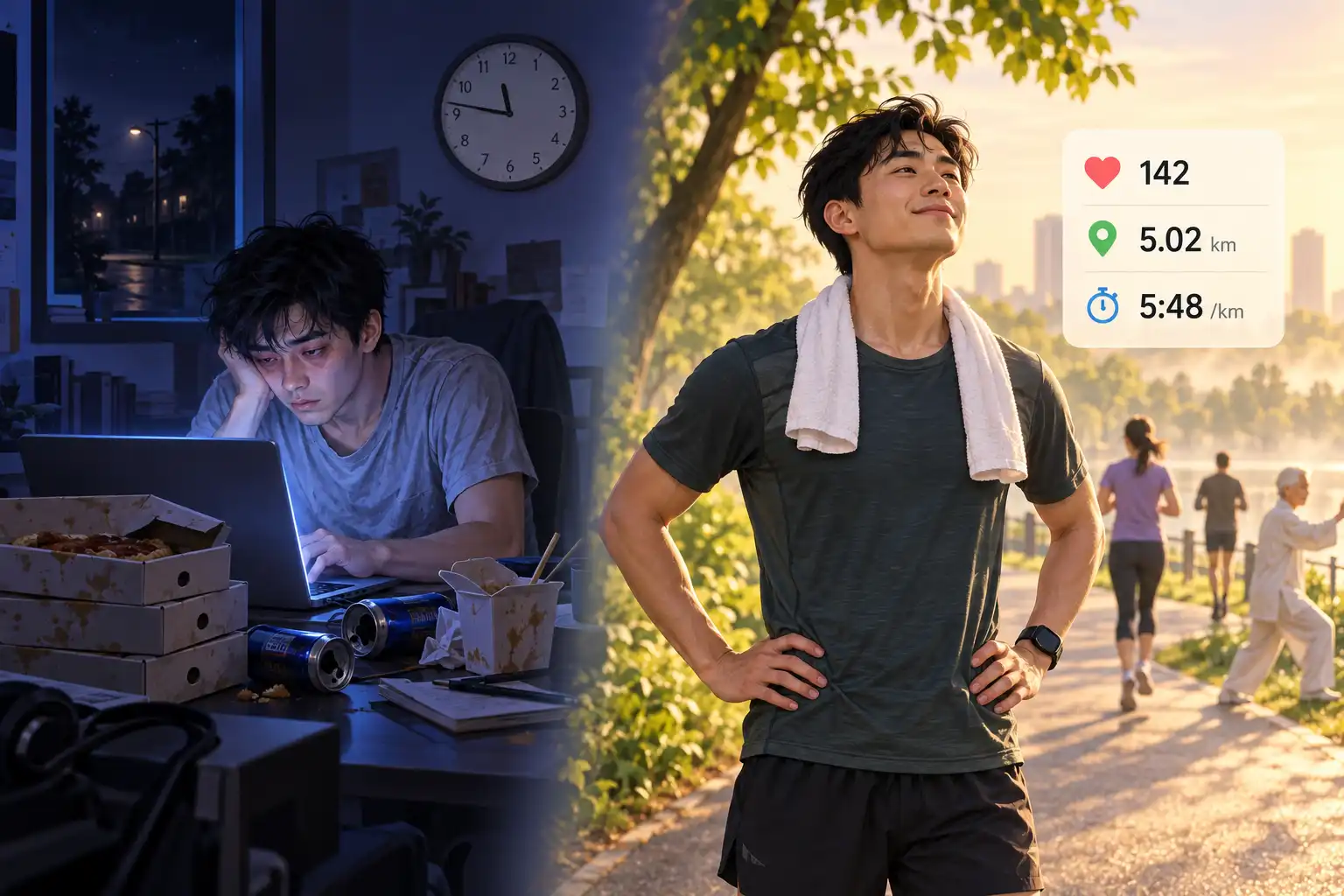 凌晨加班 vs 公园晨练